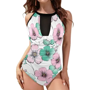 pink green floral mj shoes Women's High Neck Plunge Mesh Ruched Swimsuit (S43)