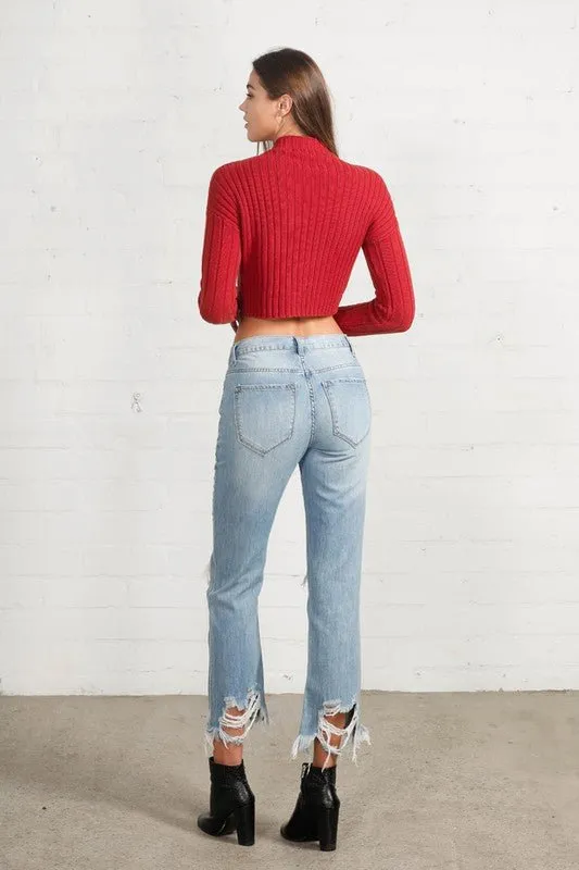 Ripped Frayed High Rise Cropped Straight Denim