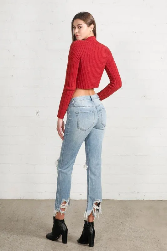 Ripped Frayed High Rise Cropped Straight Denim