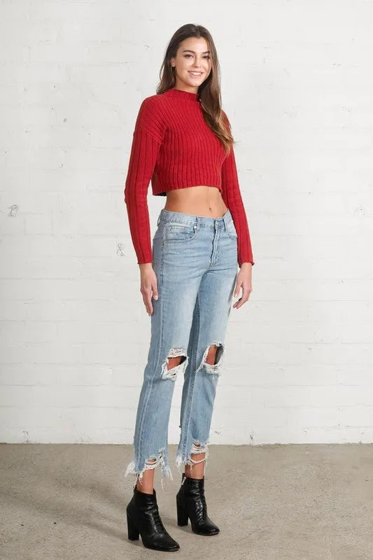 Ripped Frayed High Rise Cropped Straight Denim