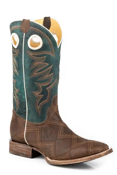 Roper Footwear Men's Stitched Burnished Tan Broad Square Boots with Turquoise Tops