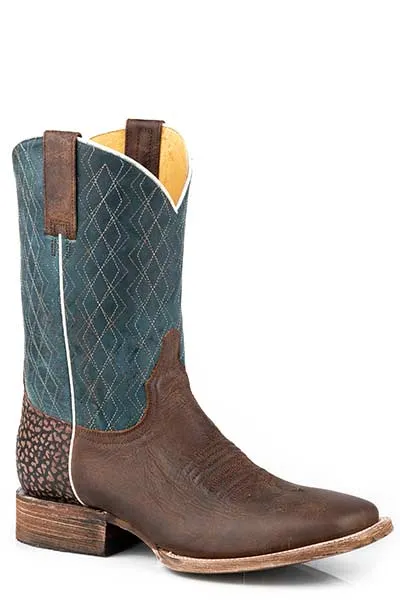 Roper Footwear Men's Vintage Brown Broad Square Toe Boots with Blue Geometric Stitched Tops