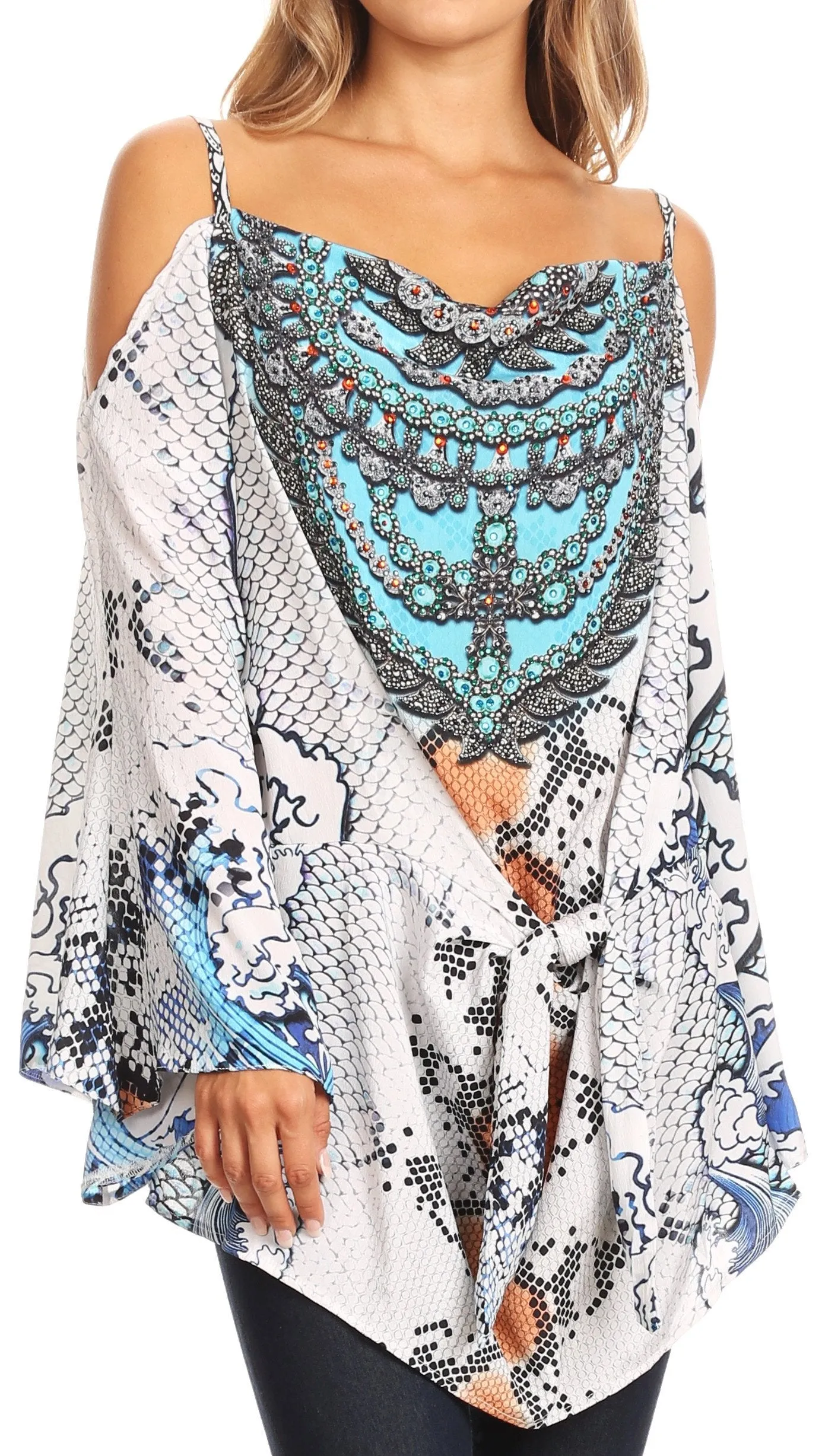 Sakkas Bosede Off Shoulder Bell Sleeve Casual Top Blouse w/Print and Rhimestones