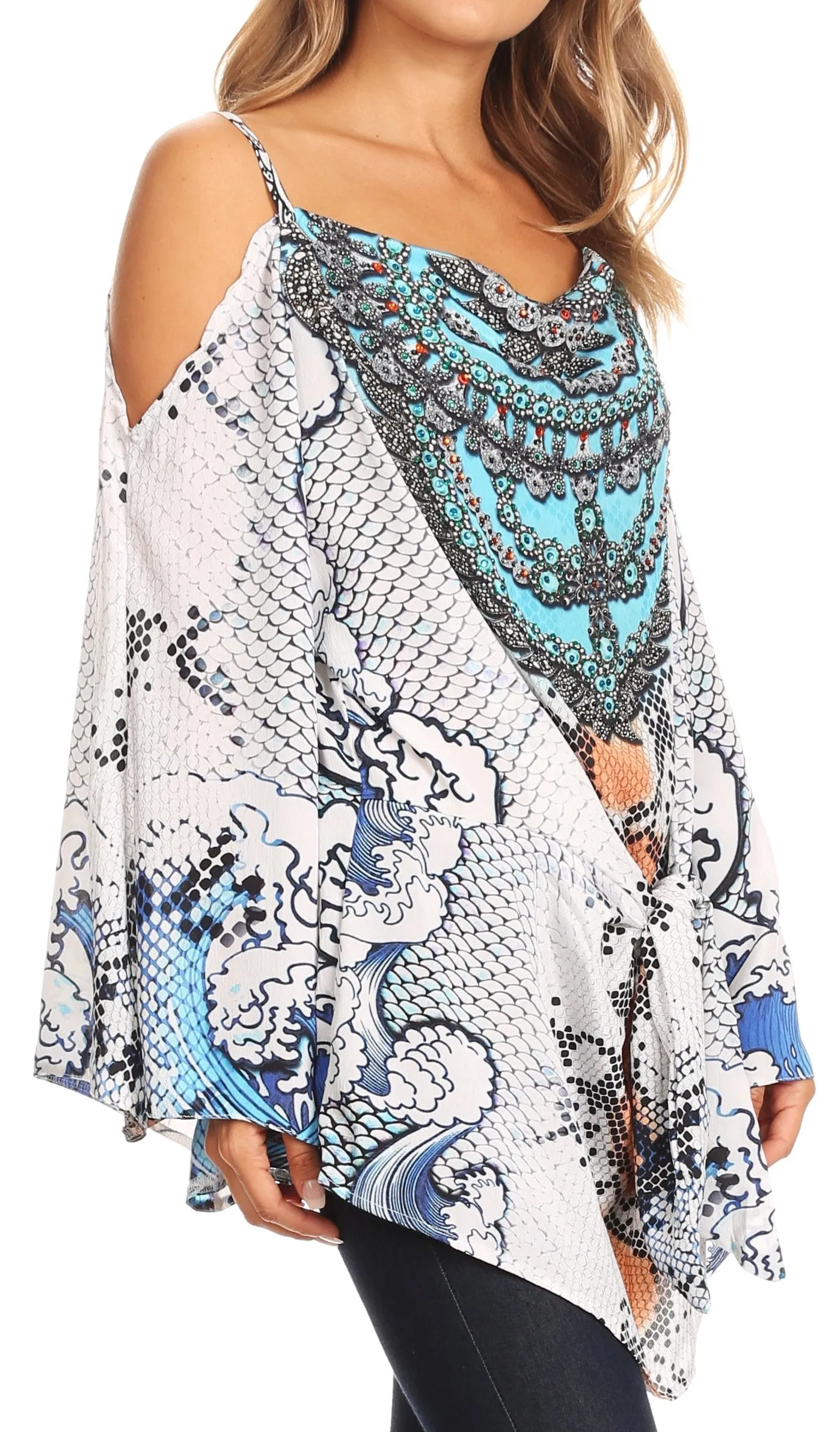 Sakkas Bosede Off Shoulder Bell Sleeve Casual Top Blouse w/Print and Rhimestones