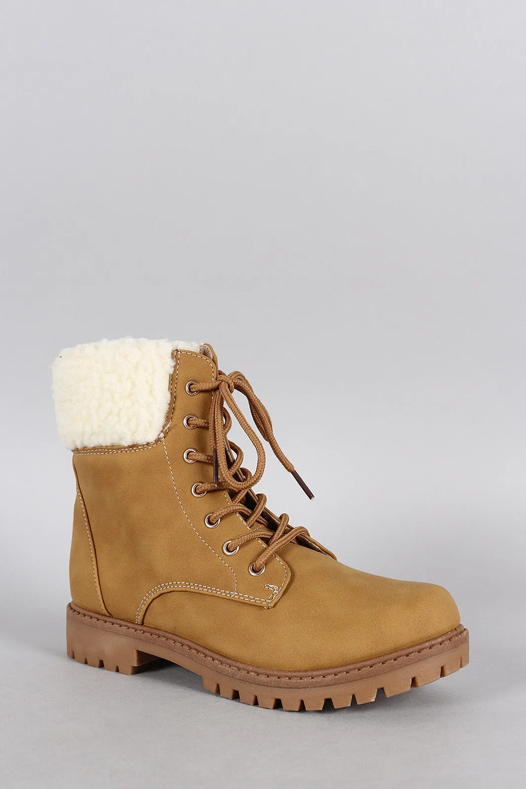 Shearling Cuff Round Toe Lace Up Hiking Bootie