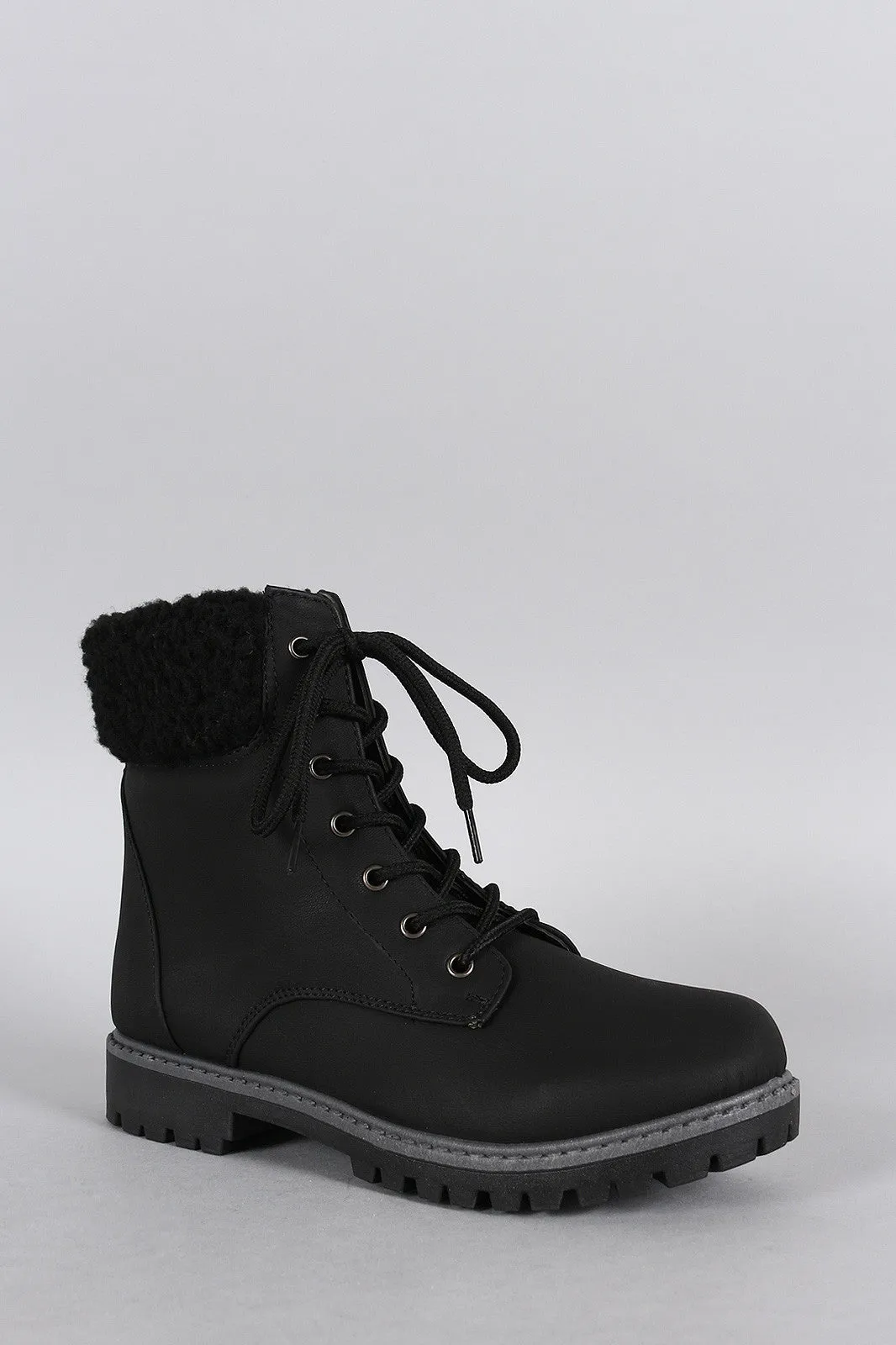 Shearling Cuff Round Toe Lace Up Hiking Bootie