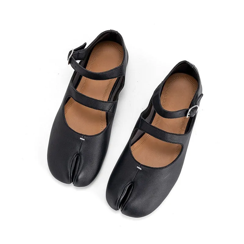 Soft Leather Ballet Flats Split Toe Double Strap Mary Jane Leather Sole in Black