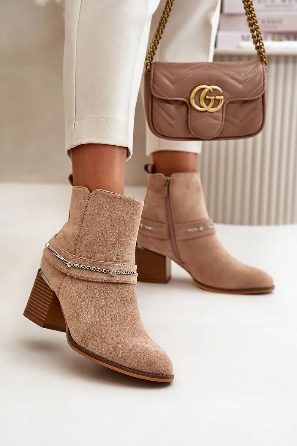 TEEK - Chained Accent Suede Heeled Ankle Boots