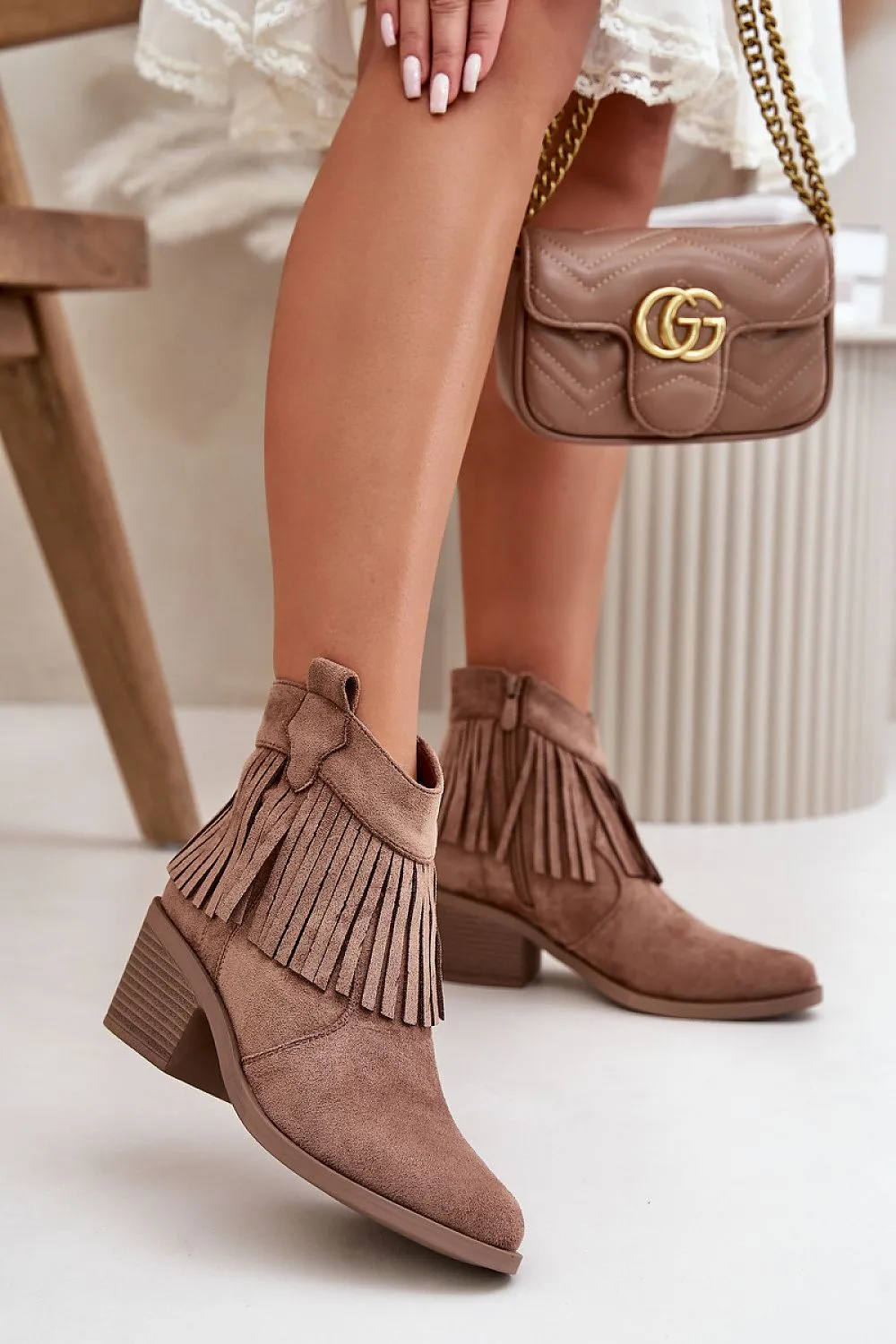 TEEK - Natural Suede Leather Fringe Suede Heeled Boots