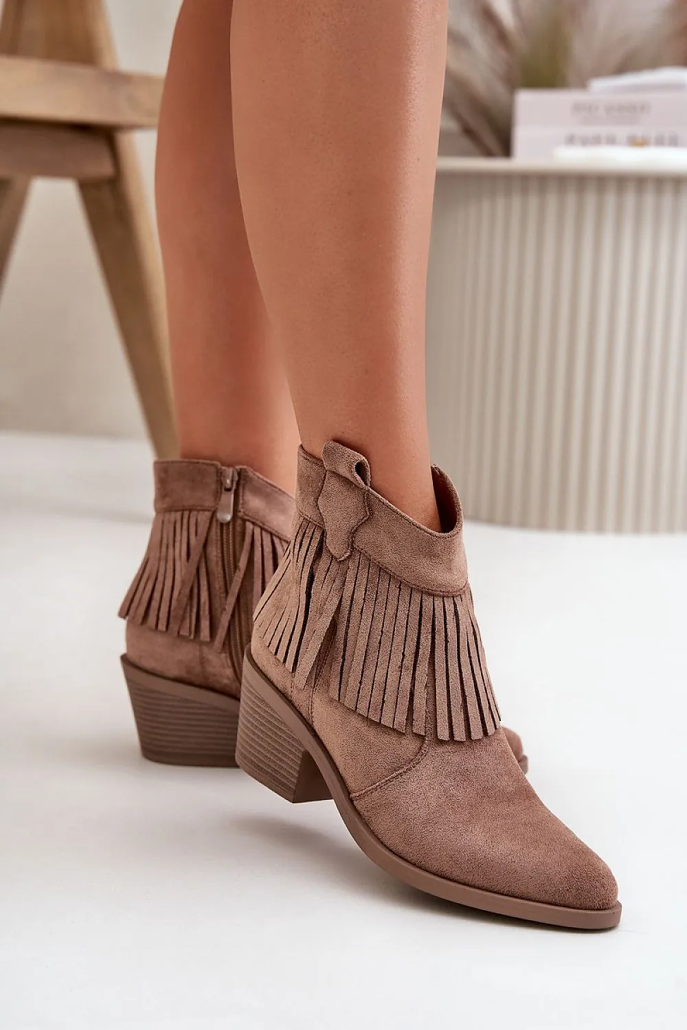 TEEK - Natural Suede Leather Fringe Suede Heeled Boots