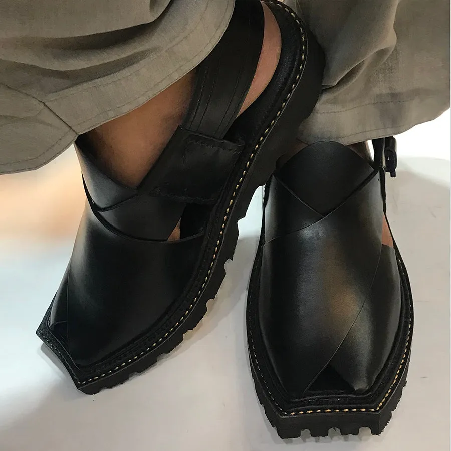 Traditional Black Shine Peshawari Kaptaan Men's Chappal