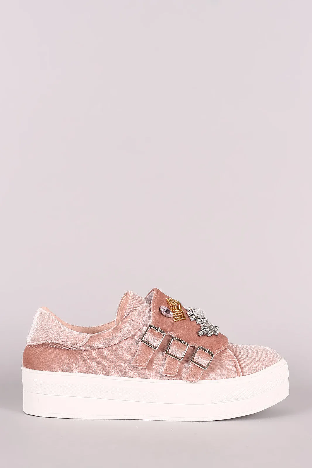 Velvet Buckled Jewel Embellished Low Top Flatform Sneaker