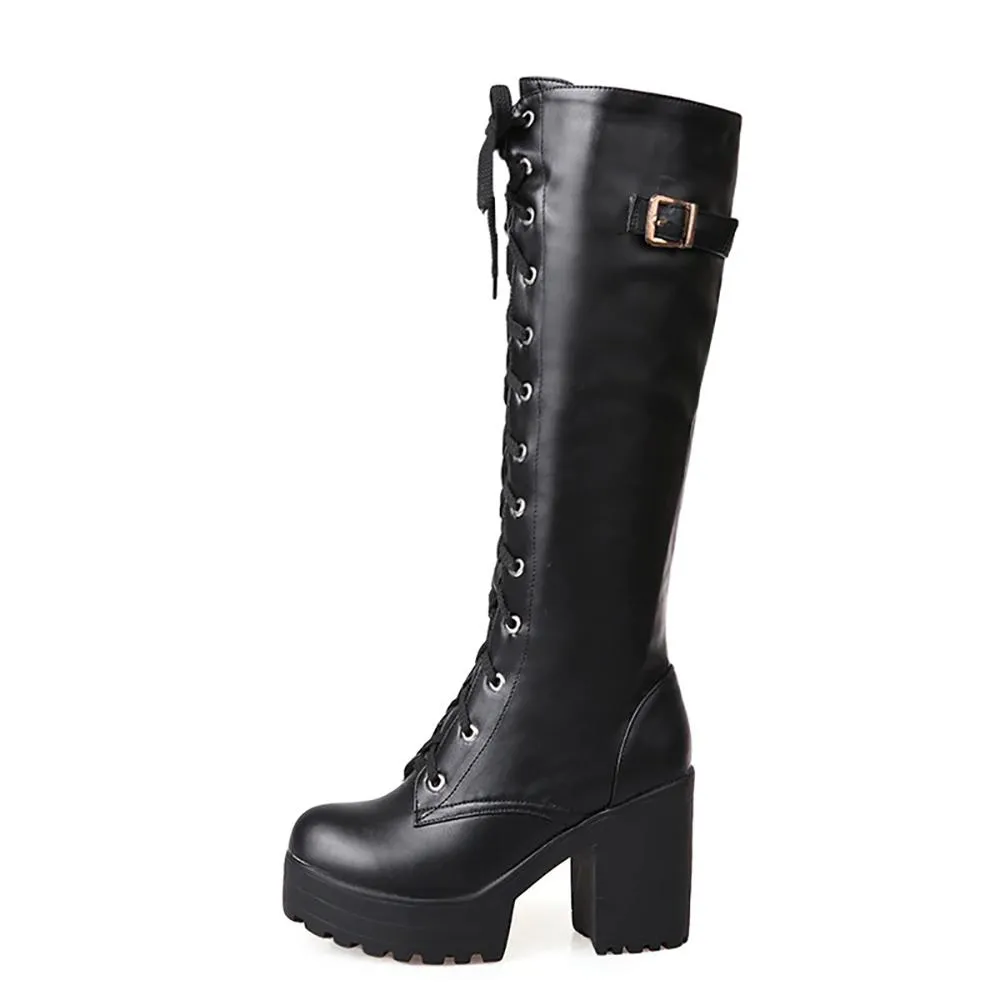 Winter Gothic Knee-High Lace-Up Boots with Square Heel