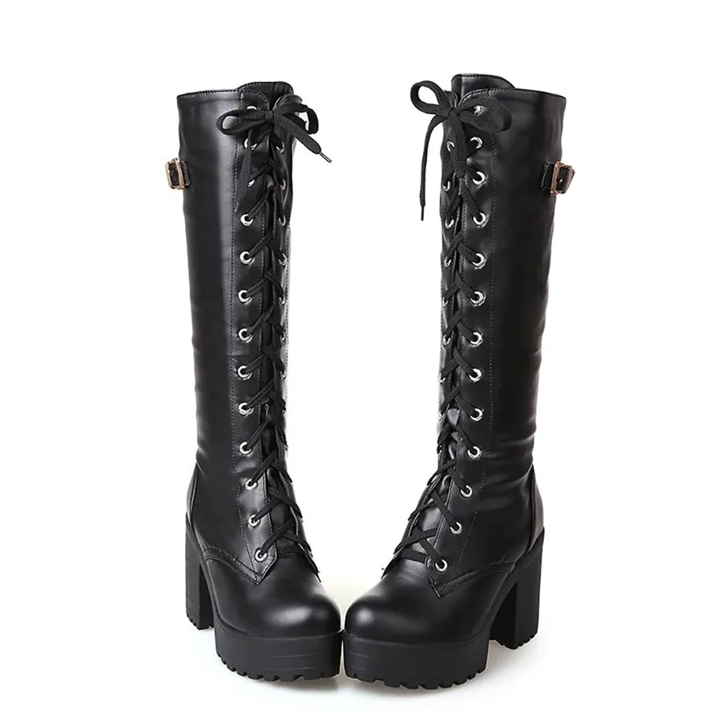 Winter Gothic Knee-High Lace-Up Boots with Square Heel