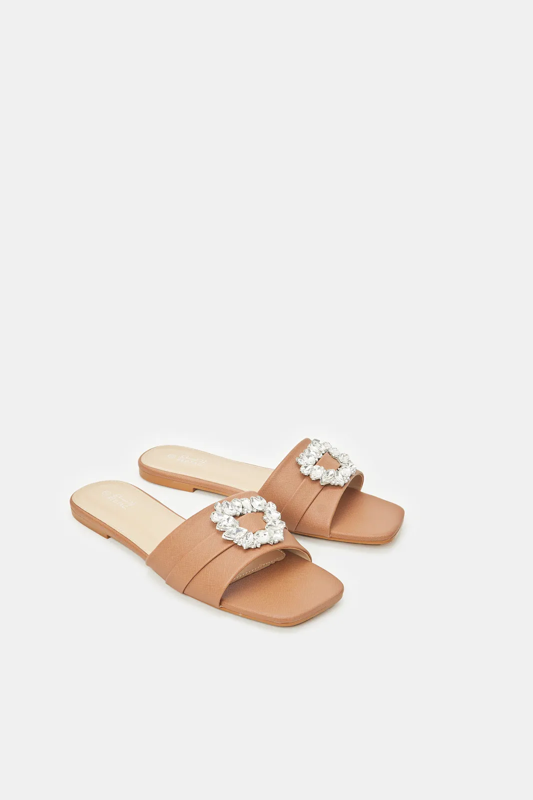 Women Beige Mule With Trim Upper