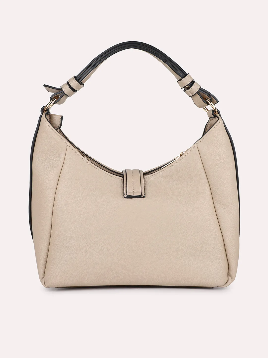 Women Beige Textured PU Hobo Bag With Button Detail