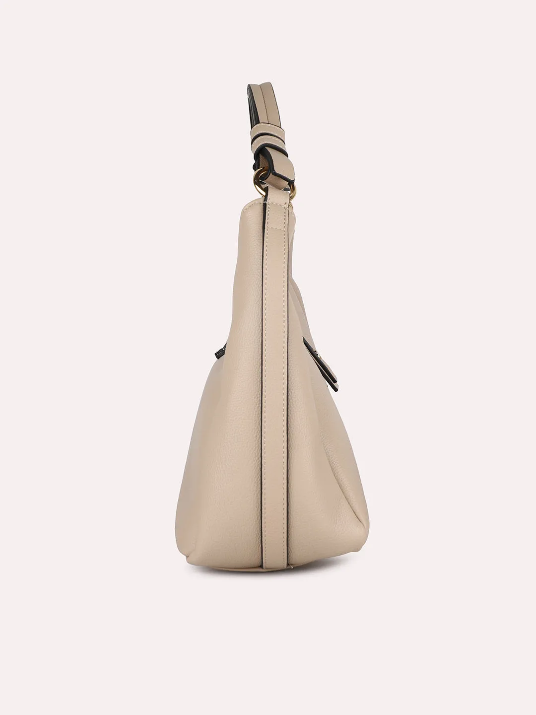 Women Beige Textured PU Hobo Bag With Button Detail