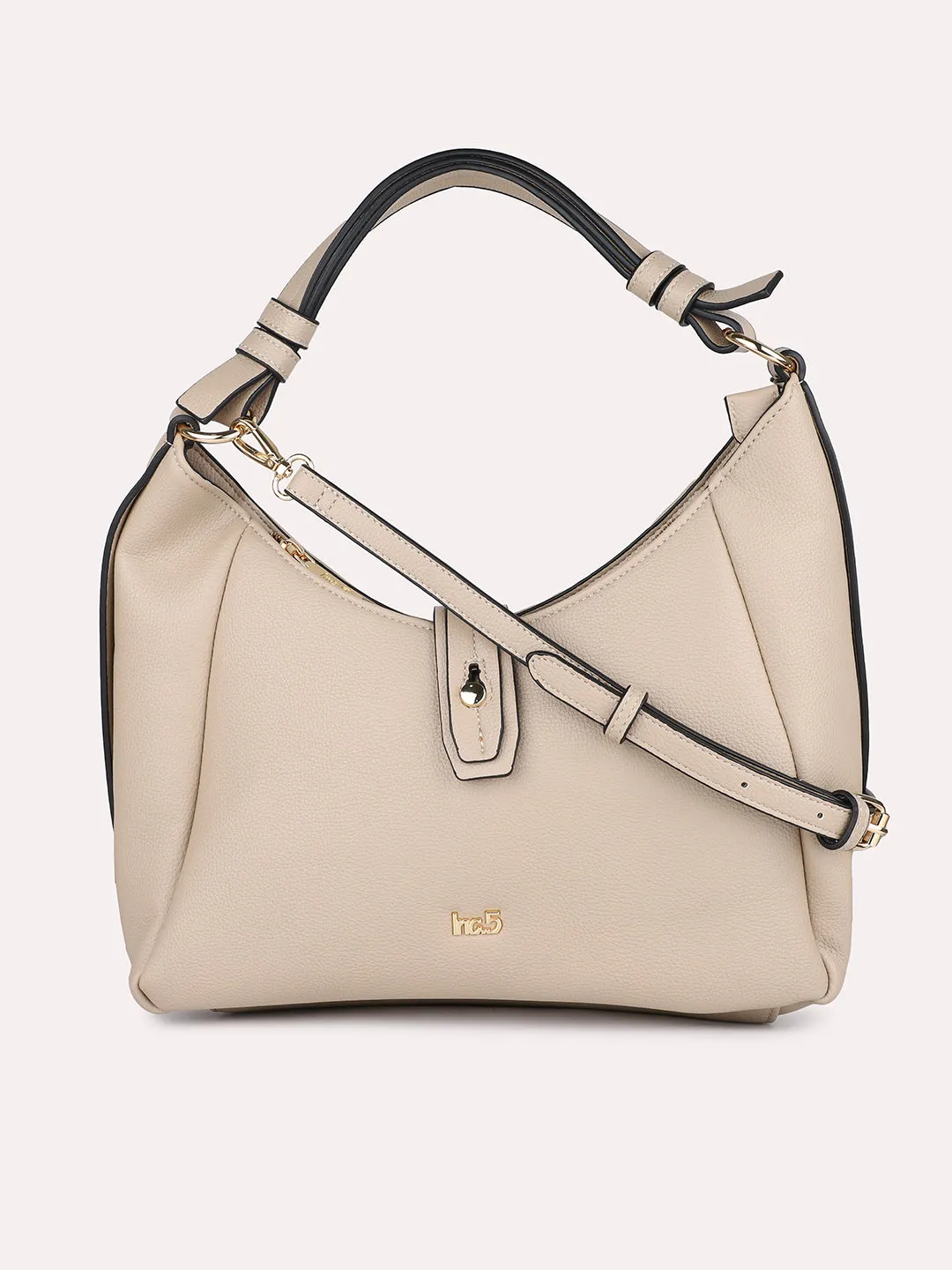 Women Beige Textured PU Hobo Bag With Button Detail