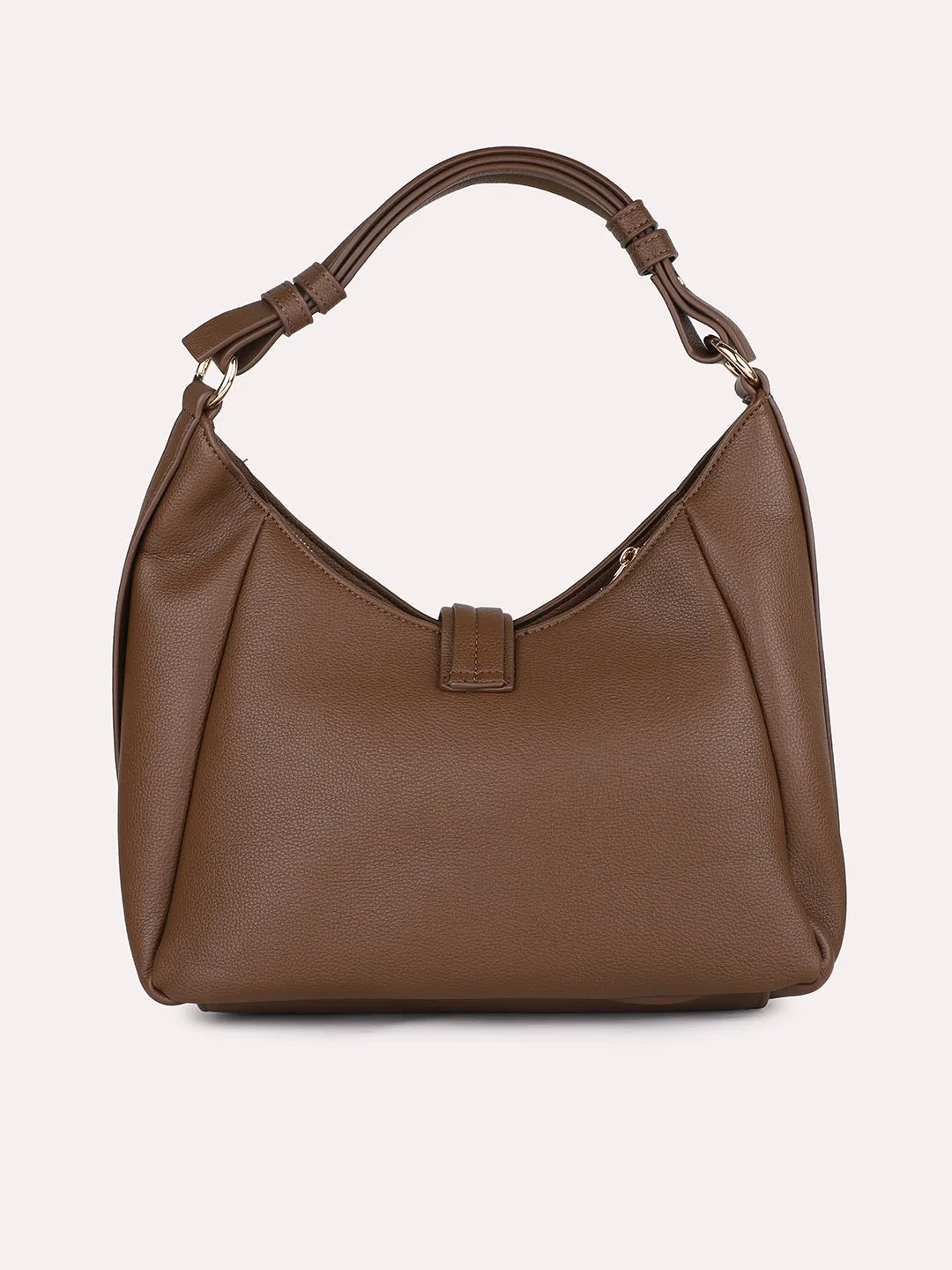 Women Brown Textured PU Hobo Bag With Button Detail