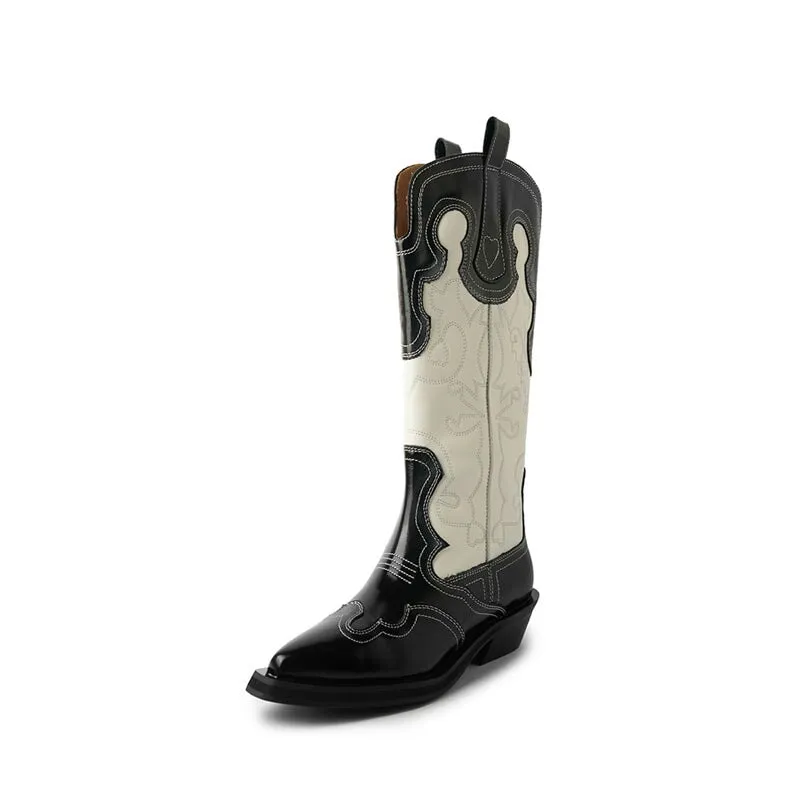 Women Embroidery Western Boots Mid Calf Leather Cowboy Boots in /Brown/Black/Black-White