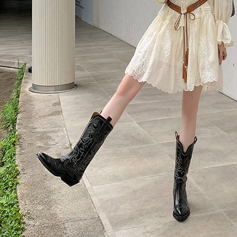 Women Embroidery Western Boots Mid Calf Leather Cowboy Boots in /Brown/Black/Black-White