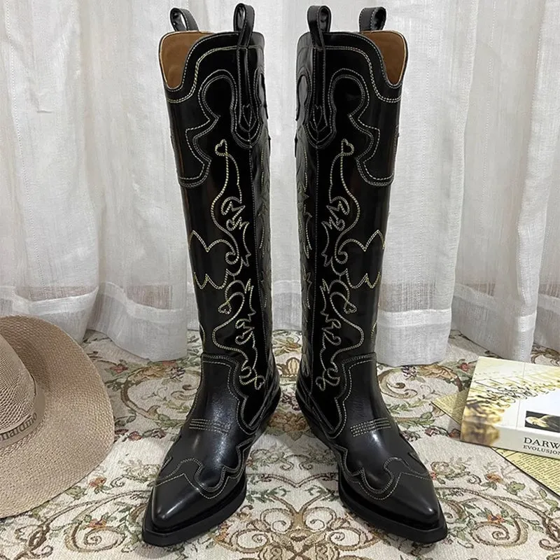 Womens Contrasting Embroidery Western Boots Knee High Leather Cowboy Boots