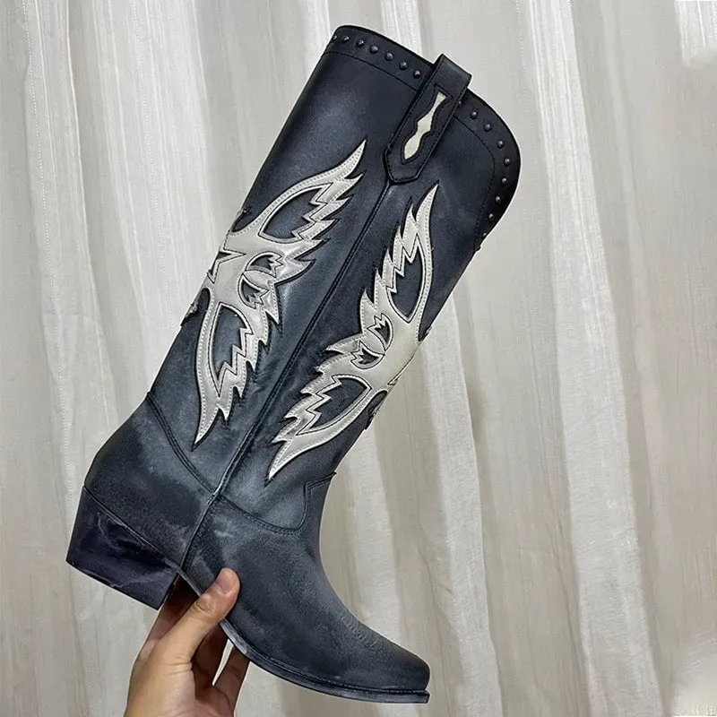 Womens Western Embroidered Boots Retro Style - Black Contrast-stitching Cowboy Boots