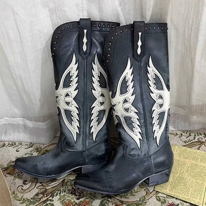 Womens Western Embroidered Boots Retro Style - Black Contrast-stitching Cowboy Boots