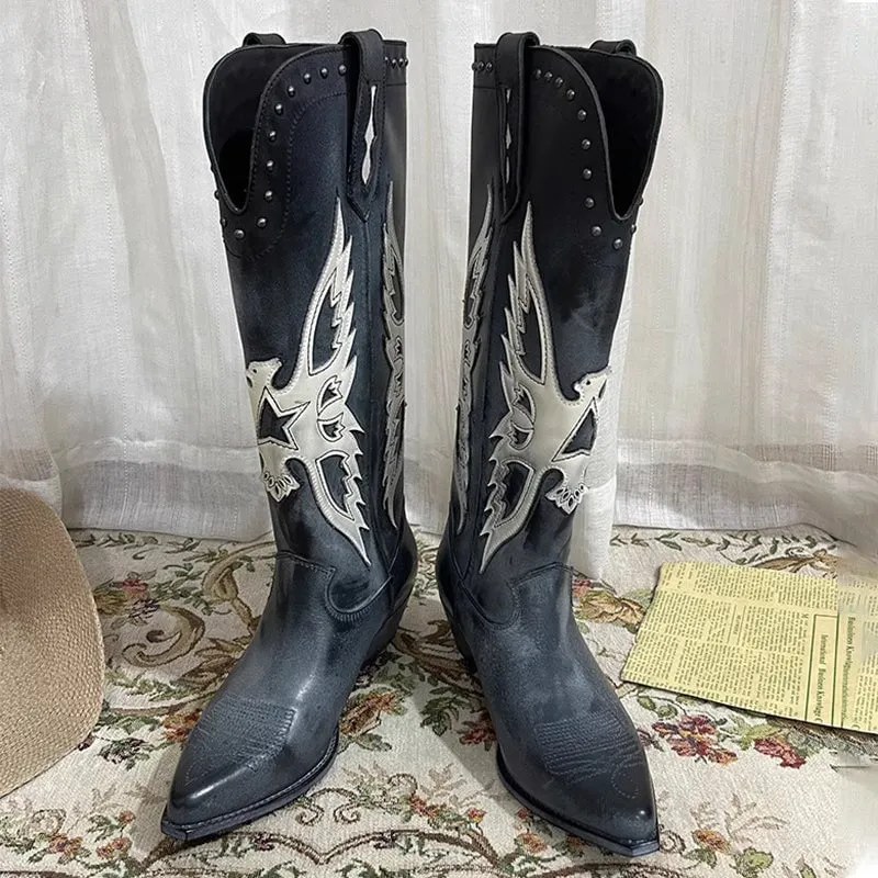 Womens Western Embroidered Boots Retro Style - Black Contrast-stitching Cowboy Boots