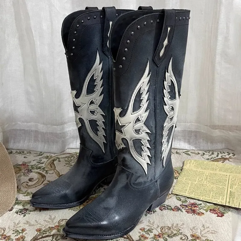 Womens Western Embroidered Boots Retro Style - Black Contrast-stitching Cowboy Boots